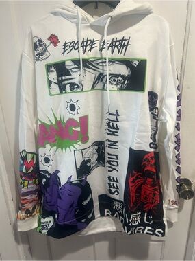 Graphic Anime Panel Hoodie - White with Neon Accents